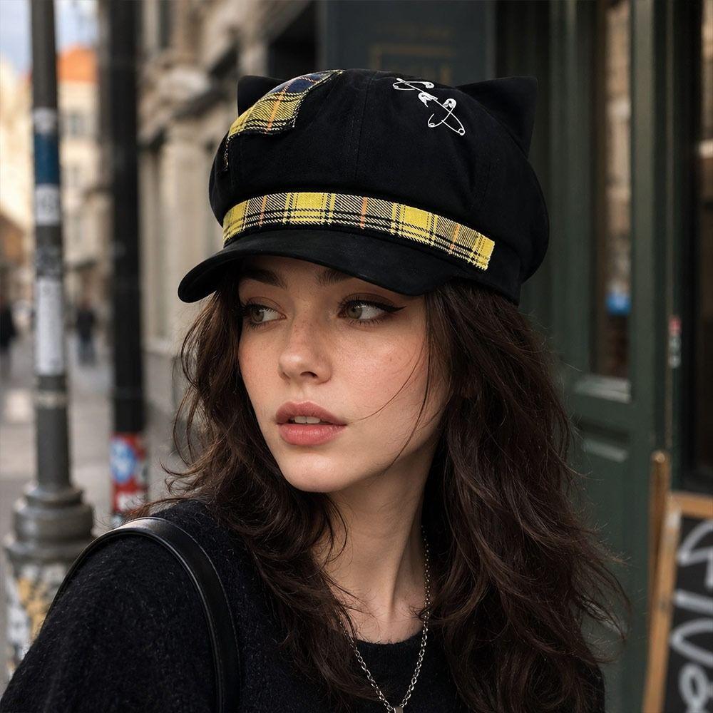 Plaid Pattern Cat Ear Beret Adjustable Beret Hat Fashion Newsboy Cap Women Men