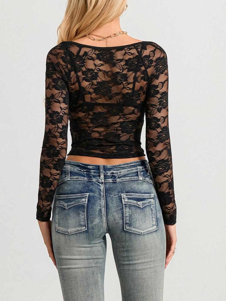 Женская футболка Y2K с кружевным цветочным принтом, прозрачная сетчатая футболка с длинным рукавом, облегающая футболка с низким вырезом, сексуальная облегающая одежда для выхода в свет, эстетичная уличная одежда для клуба