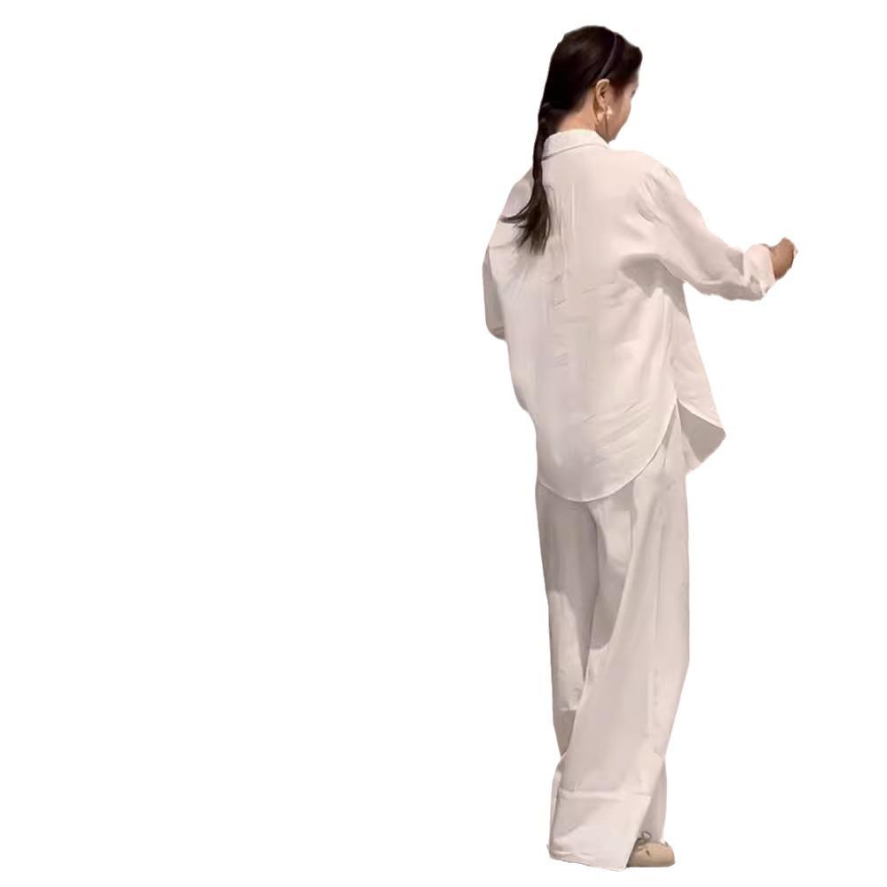 2024 Комплект из льняной рубашки с подсветкой и плиссированных брюк из хлопка и льна на завязках для женщин