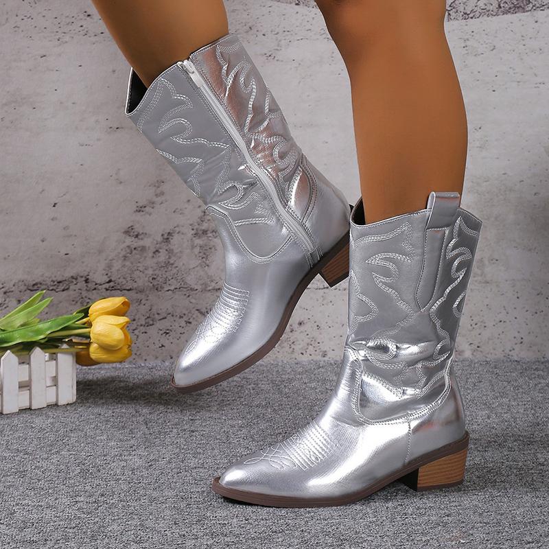 Модные Золотые Серебряные Сапоги До Икры Женские Молнии С Острым Носком Модные Короткие Сапоги 2024 Осень Туфли На Квадратном Каблуке Лодочки