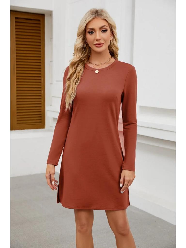 Женская толстовка с круглым вырезом и разрезом по низу, повседневное платье с длинными рукавами