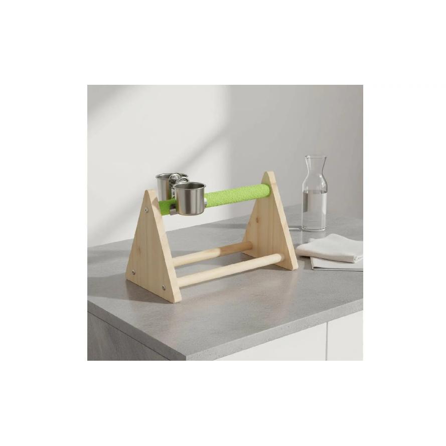 Desktop Avian Perch with Feeding Cups Rough Surface Triangle Avian Stand Wooden Parrot Training Perch Portable Pet Accessory
