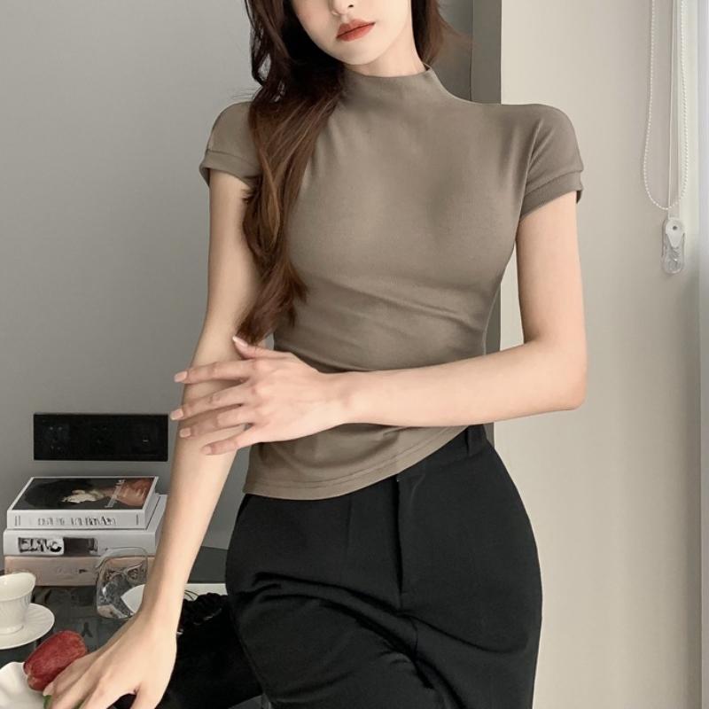 Summer Pure Desire Style Half High Neck Short Sleeved T-shirt for Women's Slim Fit and Slimming Bottom Shirt Top with Student Women's Tank Top