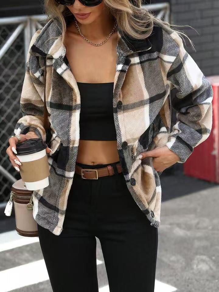 Женская элегантная клетчатая фланелевая рубашка с отложным воротником, длинным рукавом и пуговицами, 2025