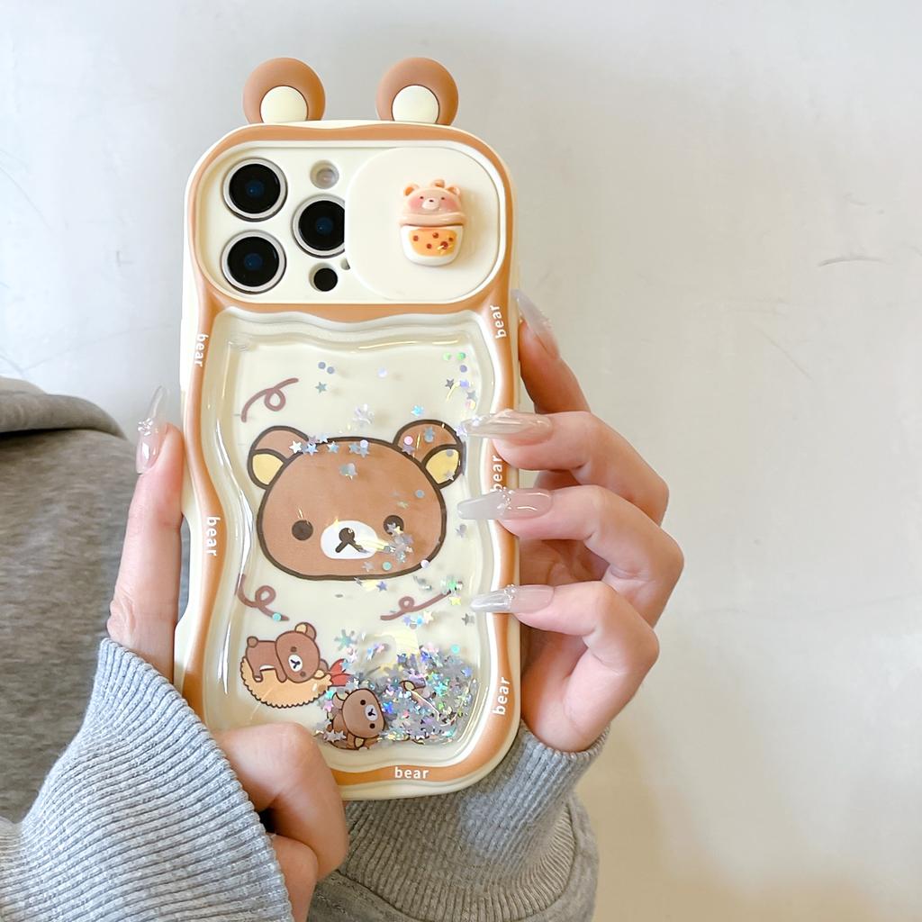 Для iPhone 11 12 13 14 15 16 17 Pro Max Блестки Ушки Рилаккума Раздвижное Окно Защита Камеры Чехол
