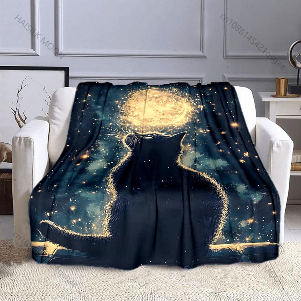 Multiple sizes Black cat gazing at moon Print Blanket Flannel Material Soft Warm for All Seasons Home Outdoor Camping Picnics RV