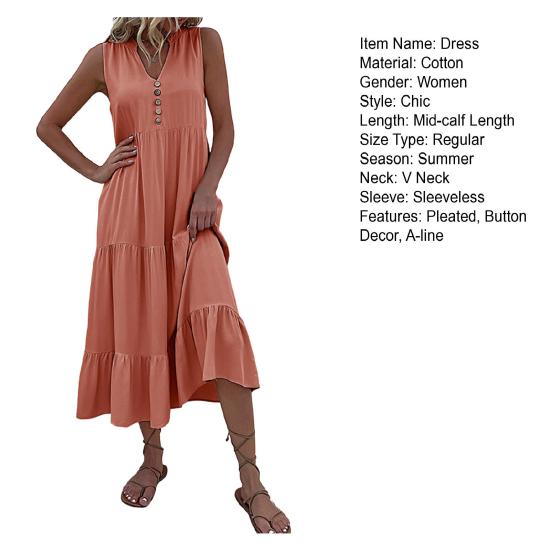 Летнее платье миди с V-образным вырезом, плиссированным лоскутным подолом, трапециевидной формы без рукавов, однотонный декор с пуговицами, свободное до середины икры, пляжное женское длинное платье для отпуска