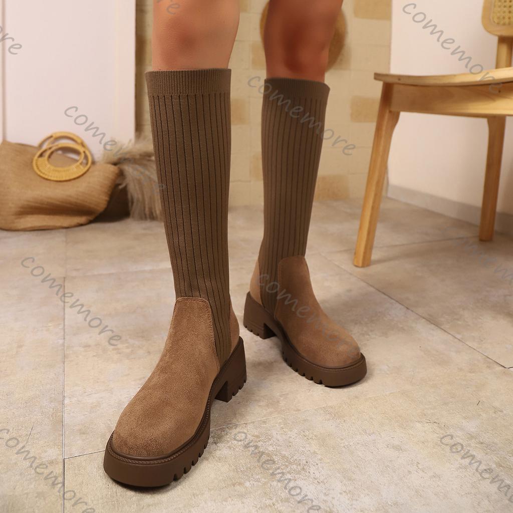 Fashion Comemore Autumn New Suede Elastic Socks Boots for Women Thick Bottom Breathable Knee High Boots Female High Heels Women Shoes