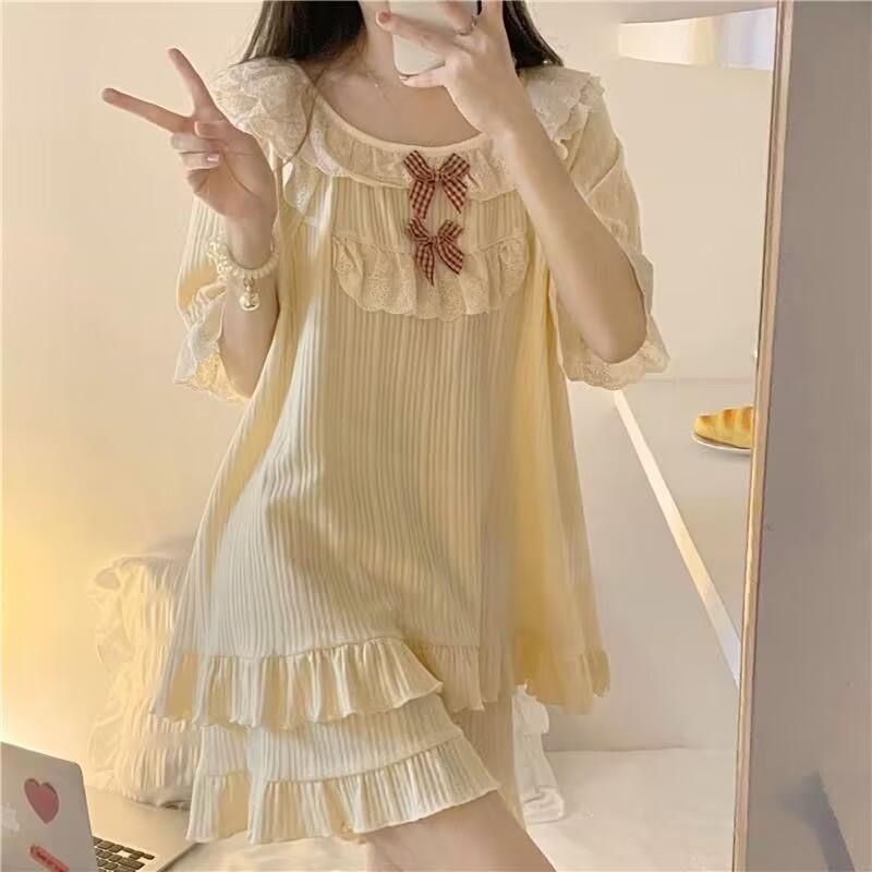 Women's Summer Pajamas Two Piece Set Female Princess Pajamas Bow Short Sleeved Shorts Loose Casual Homewear