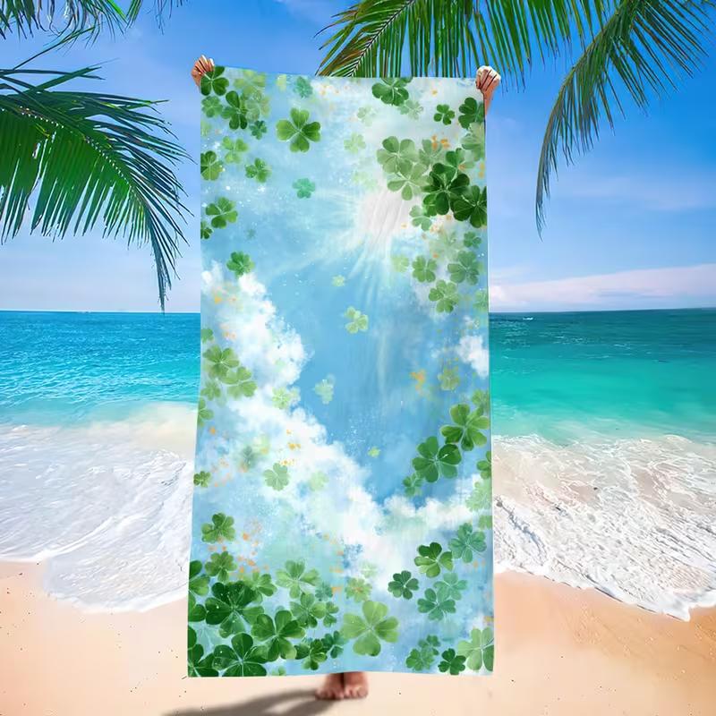 Lucky Green Four Leaf Clover Sky Cloud Print Beach Towel Sand Free Quick Dry Towel for Beach Pool Camping Summer Travel