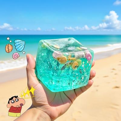 Эстетичный синий кубик льда Squishy - Милые включения в виде ракушек, Сенсорная игрушка для снятия тревоги и улучшения концентрации