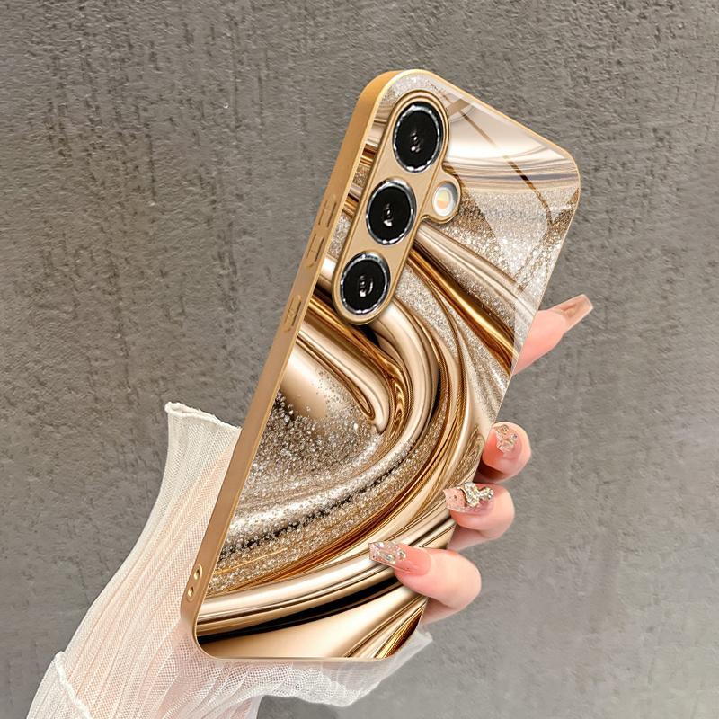 2D чехол для телефона с золотым жидким узором для Samsung S26 S25 S24 S23 S22 S21 S20 A56 A36 A16 - Золотой стеклянный защитный чехол