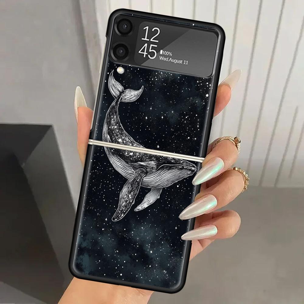 Китовый Горбатый Морской Гигант Жесткий ПК Чехол для Телефона Для Samsung Galaxy Z Flip 7 6 5 4 3 Черный ZFlip7 ZFlip6 Flip5 Flip4 Flip3 5G Печать C