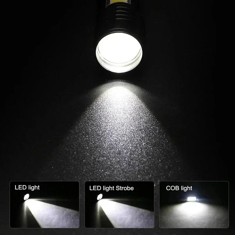 USB Мини-фонарик с подзарядкой COB+XPE LED, с зумом, встроенный аккумулятор, 3 режима освещения, для улицы, кемпинга, аварийный фонарь