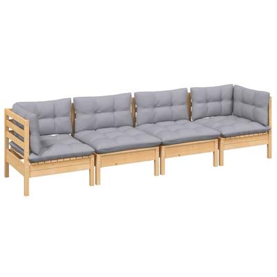 4 Piece Garden Lounge Set with Grey Cushions Solid Pine Wood