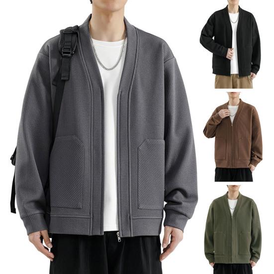 Мужское вязаное пальто с v-образным вырезом и длинным рукавом, однотонный вязаный кардиган с карманами на молнии, свободная верхняя одежда