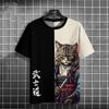 Japanese Anime Samurai Cat T-Shirt For Men 3d Animal Print Short Sleeve Tops Tees Casual T-Shirt Oversized Shirt  Men Clothing