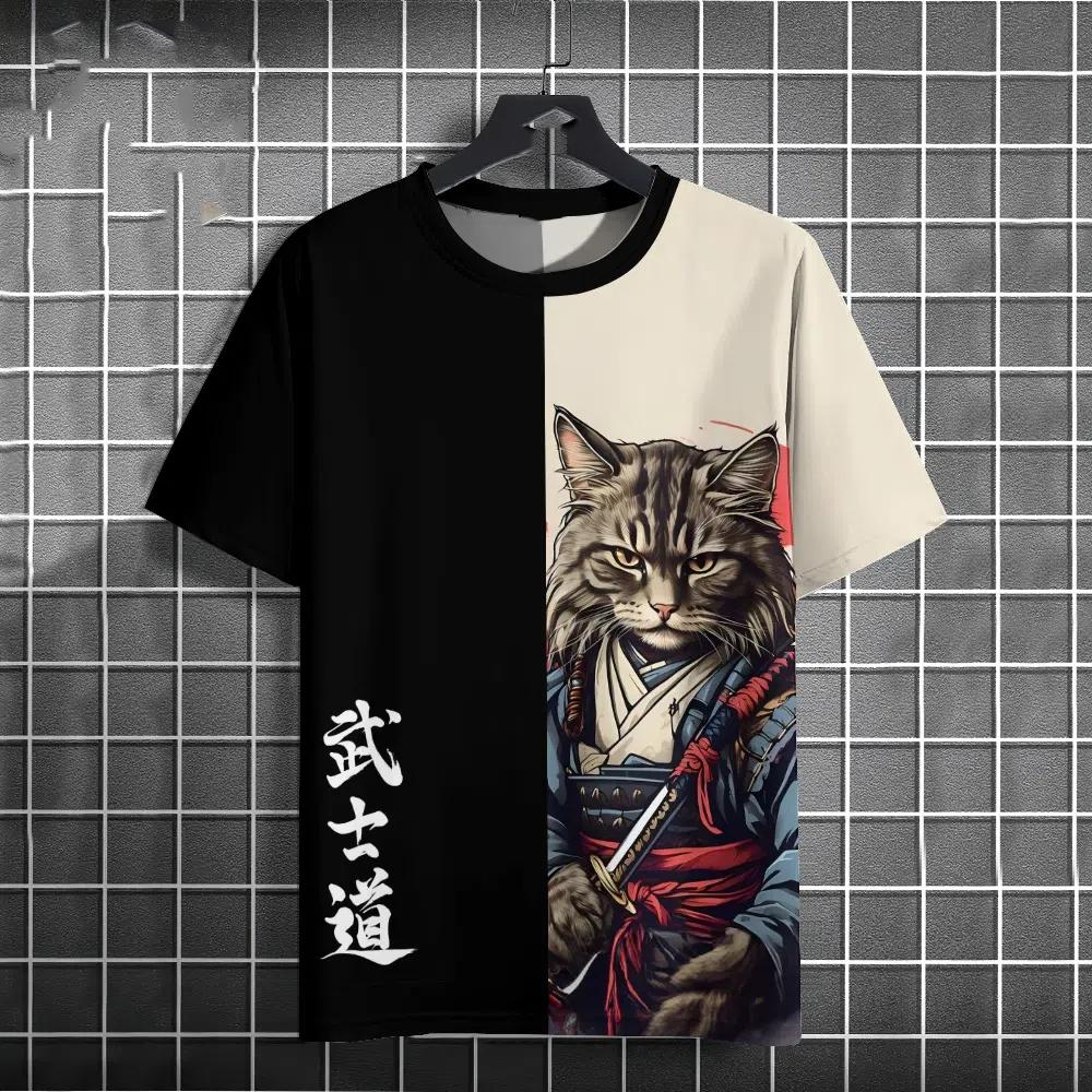 Japanese Anime Samurai Cat T-Shirt For Men 3d Animal Print Short Sleeve Tops Tees Casual T-Shirt Oversized Shirt  Men Clothing