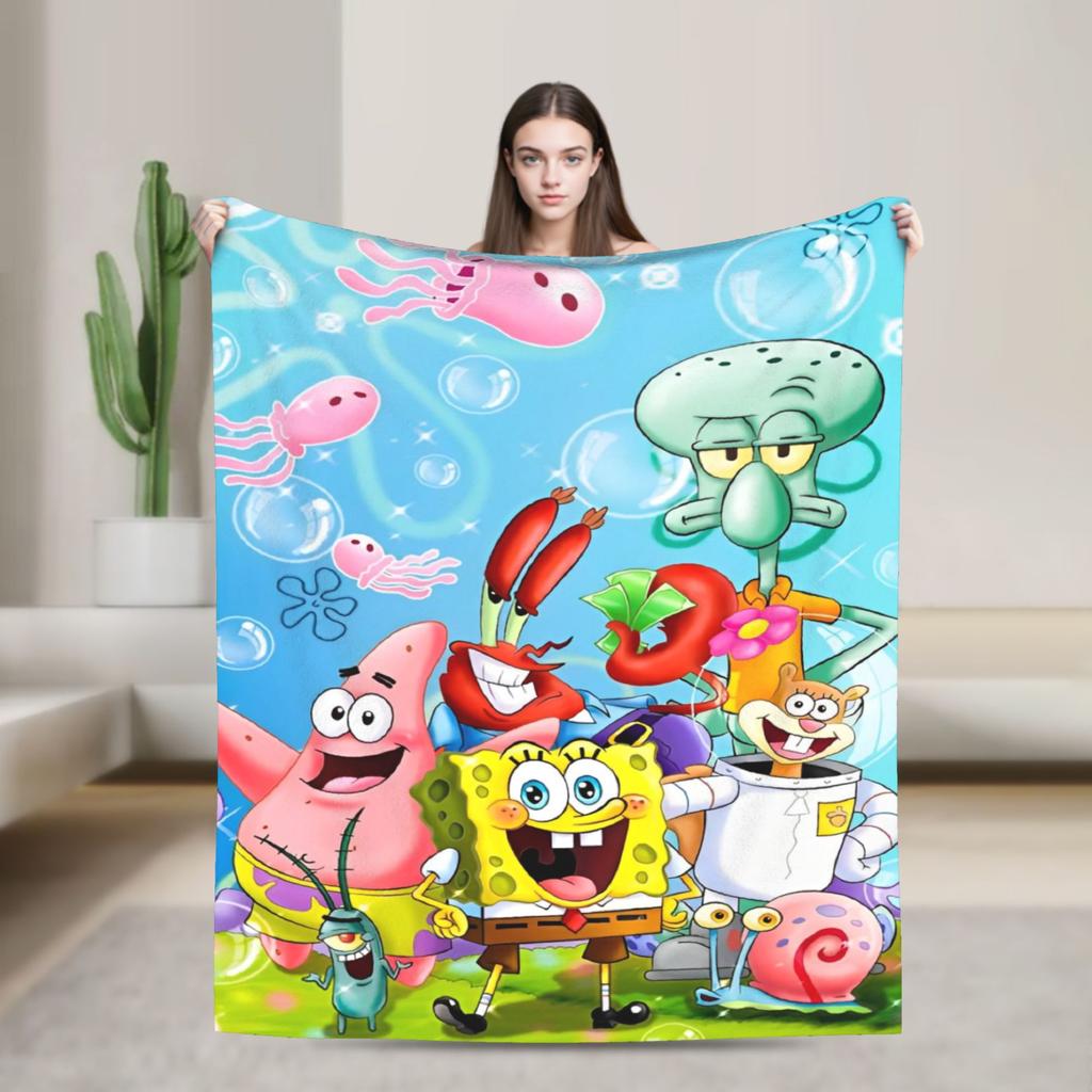 Cartoon Animated Blanket Cover SpongeBob SquarePants Fleece Throw Blankets Bedding Couch Portable Ultra-Soft Warm Bedspreads