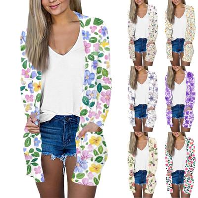 Женский повседневный модный кардиган-жакет средней длины с длинными рукавами и цветочным принтом