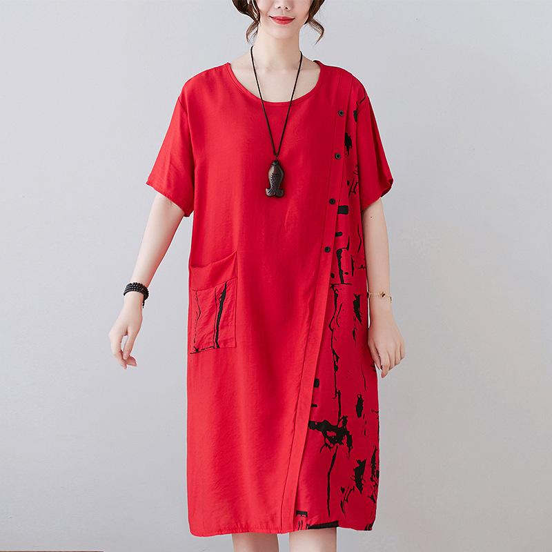 Хлопково-льняное платье. Новая летняя прямая юбка с короткими рукавами и принтом. Свободная темпераментная юбка.