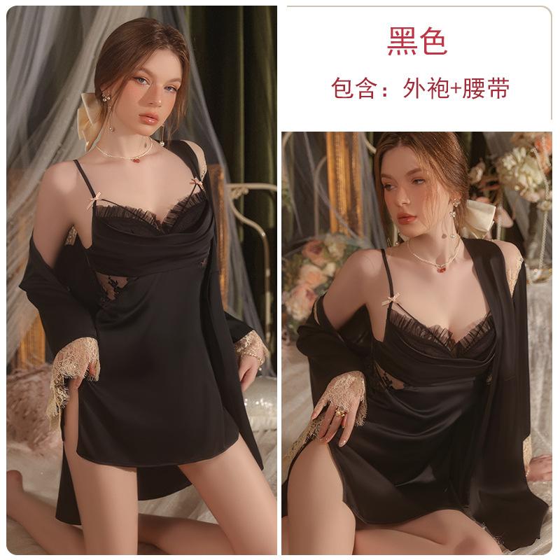 Women's Satin Lace Sheer Roll Neck Slit Cami Sleep Dress with Robe Lounge Set