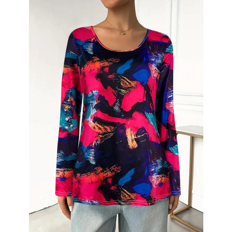 Women's Long Sleeve Round Neck T Shirt, Vibrant Colorful Abstract Print, Casual Artistic Daily Wear