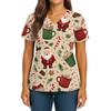 Women's Christmas Print V-Neck Double Pocket Short Sleeves Hem Slit Uniform And Caregiver Top