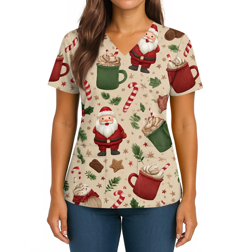 Women's Christmas Print V-Neck Double Pocket Short Sleeves Hem Slit Uniform And Caregiver Top