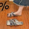 Aphixta Bling Sequined Decoration Flat With Slippers Cross Straps Casual Women Outside Slides Square Toe Summer Sandals Shoe