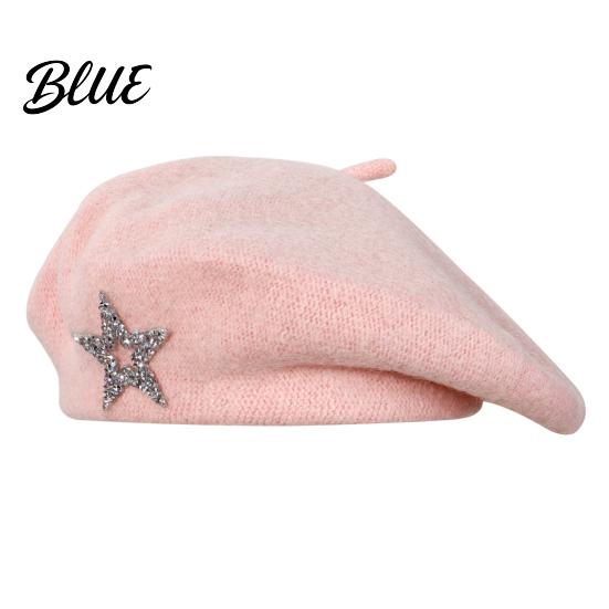 Ladies Winter Hat Women Knitted Beret for Fall Winter French Style Artist Vintage Inspired Cap with Rhinestone Star Stretchy Solid Color Knitting
