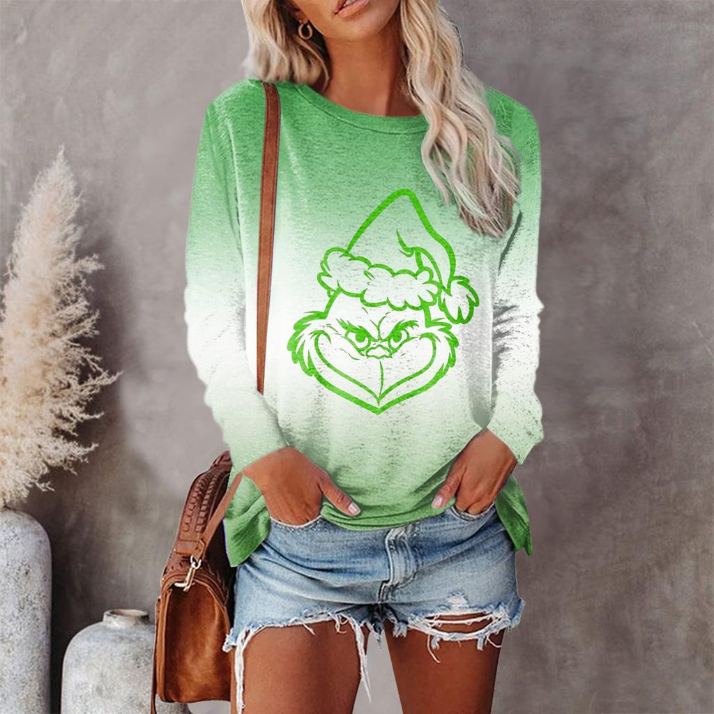 Женская мода, повседневная блузка с длинным рукавом и рождественским принтом, пуловер с круглым вырезом