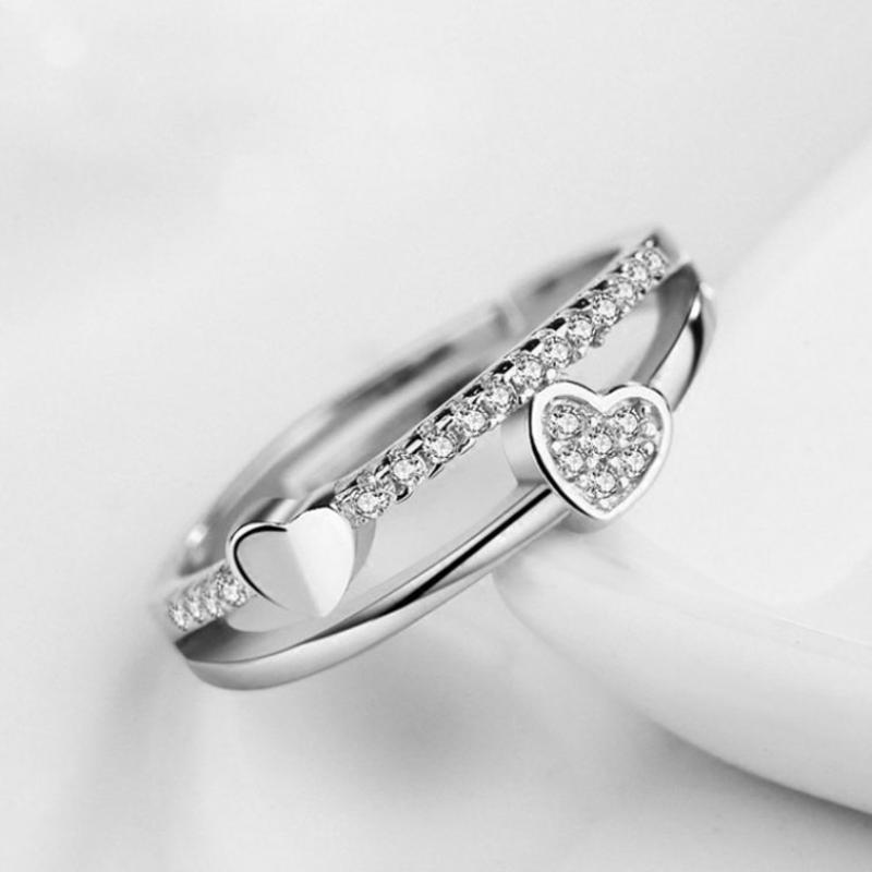 Double Layer Love Heart-shaped Opening Rings Exquisite CZ Zircon Finger Ring Fashion Jewelry for Women Girls Valentine's Day
