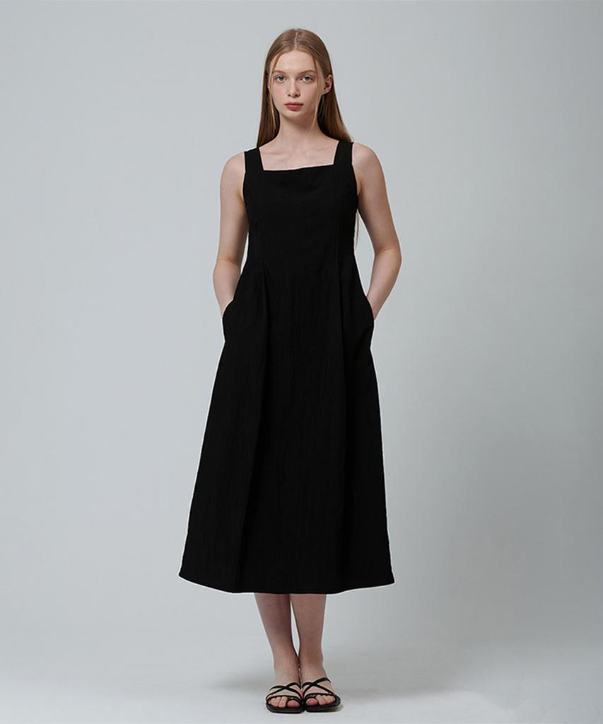 Pin Black Square Neck Pintuck Sleeveless Dress Black