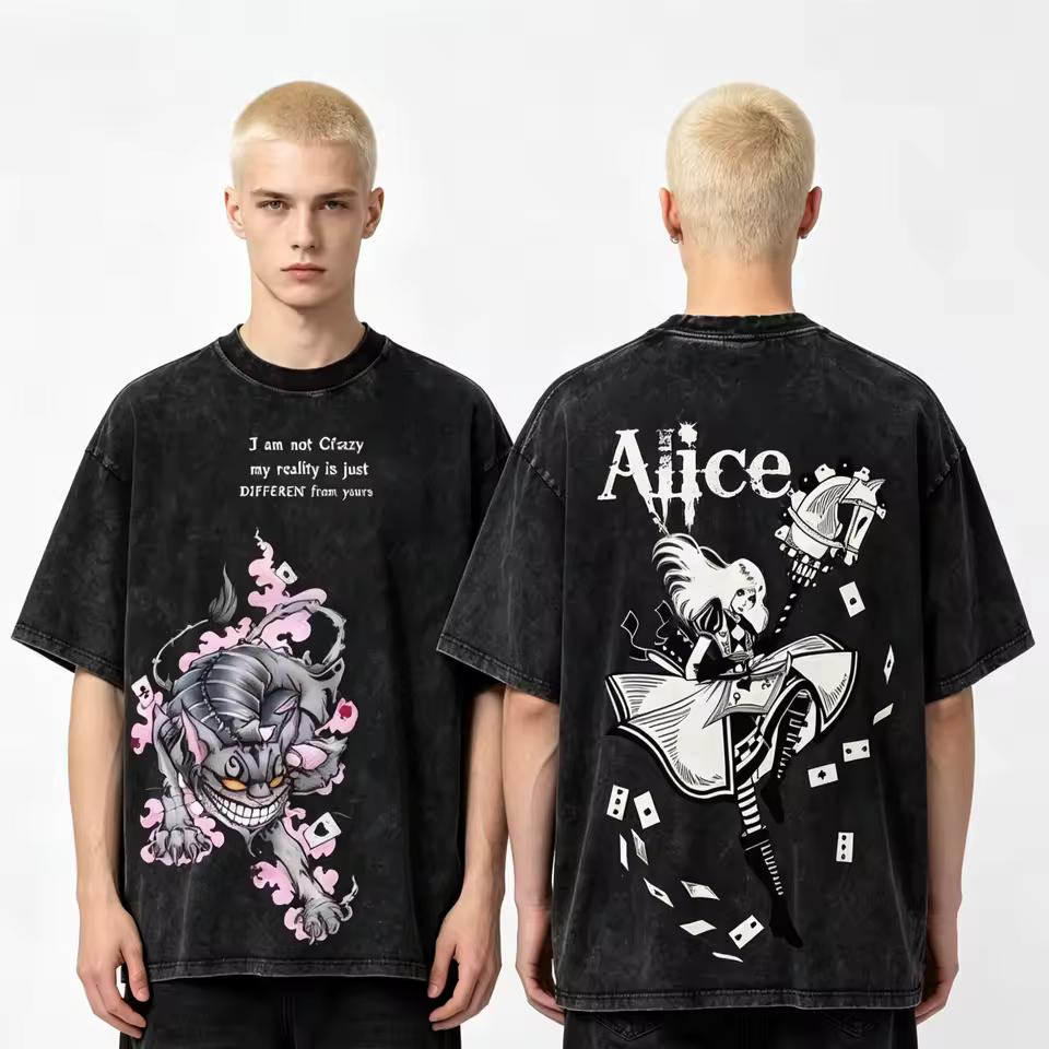 Summer Hot Sale Alice: Madness Returns Washed T shirt Unisex Y2k Hip Hop Streetwear Manga T-shirt Cotton Gothic Round T-shirt