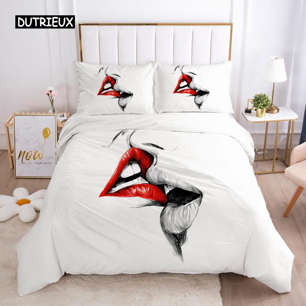 Красные Губы Комплект Постельного Белья Размер Queen Polyester Любовь Односпальный Размер Комплект Постельного Белья для Сна Сексуальная Тема Взрослая Пара Пододеяльник 3D Дизайн Следы Поцелуев Одеяло