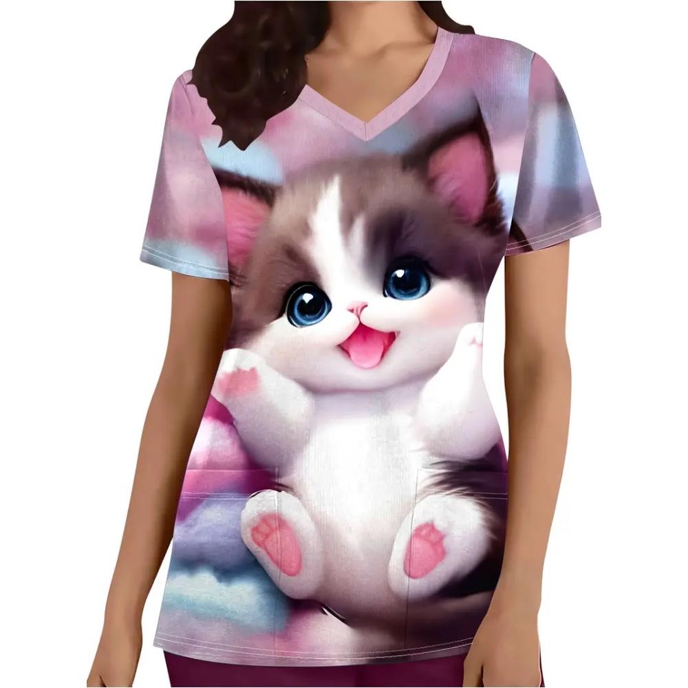 Clinical Uniform Cute Cat Cartoon Print Fashion Short Sleeve Casual V-Neck Vet Medical Clothes Women's T-shirts