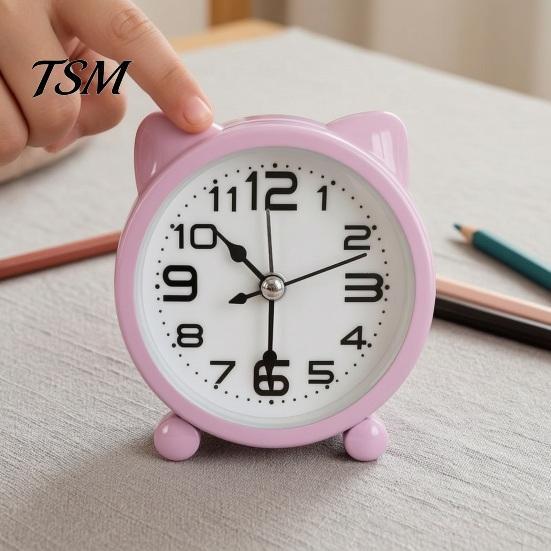 Cartoon Desk Clock Cat Ear Alarm for Kids, Silent Non-Ticking Metal Analog Battery Powered Clock, Home Office Decor Clear Number