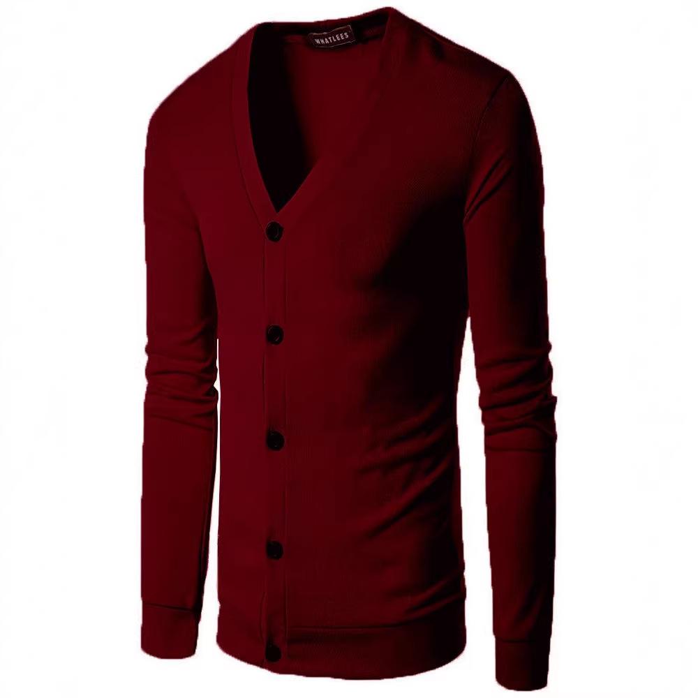 Мужской вязаный кардиган с V-образным вырезом - Повседневный однотонный свитер с длинным рукавом для весны и осени