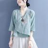 2024 Women's Chinese Style Zen Cotton-Linen Embroidered Slant-Breasted Mid-Sleeve Lace-Up Top