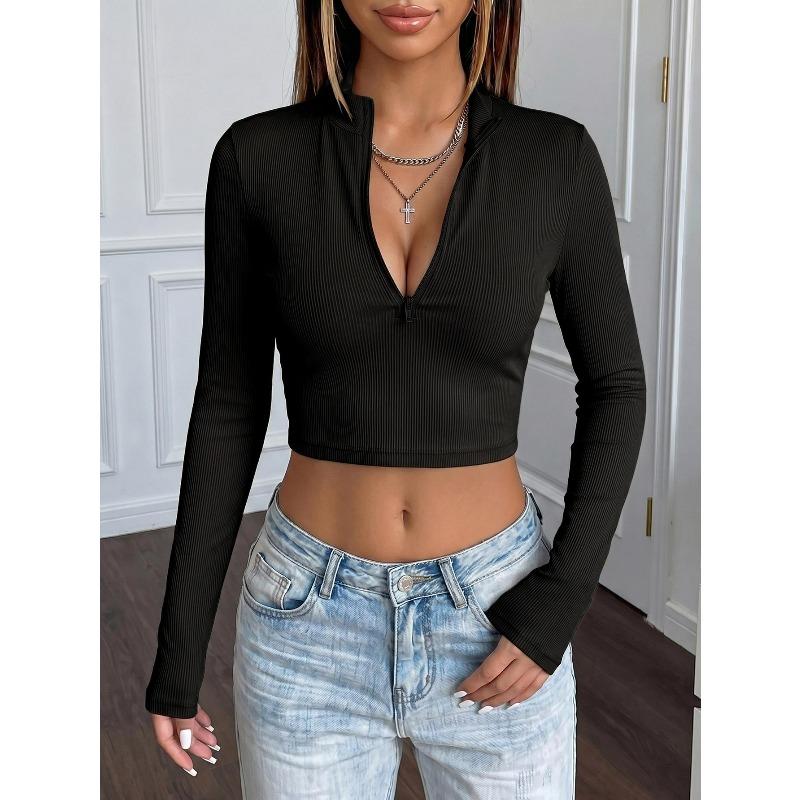 Women's Deep V Neck Long Sleeve Crop Top Slim Fit Solid Color Casual Pullover