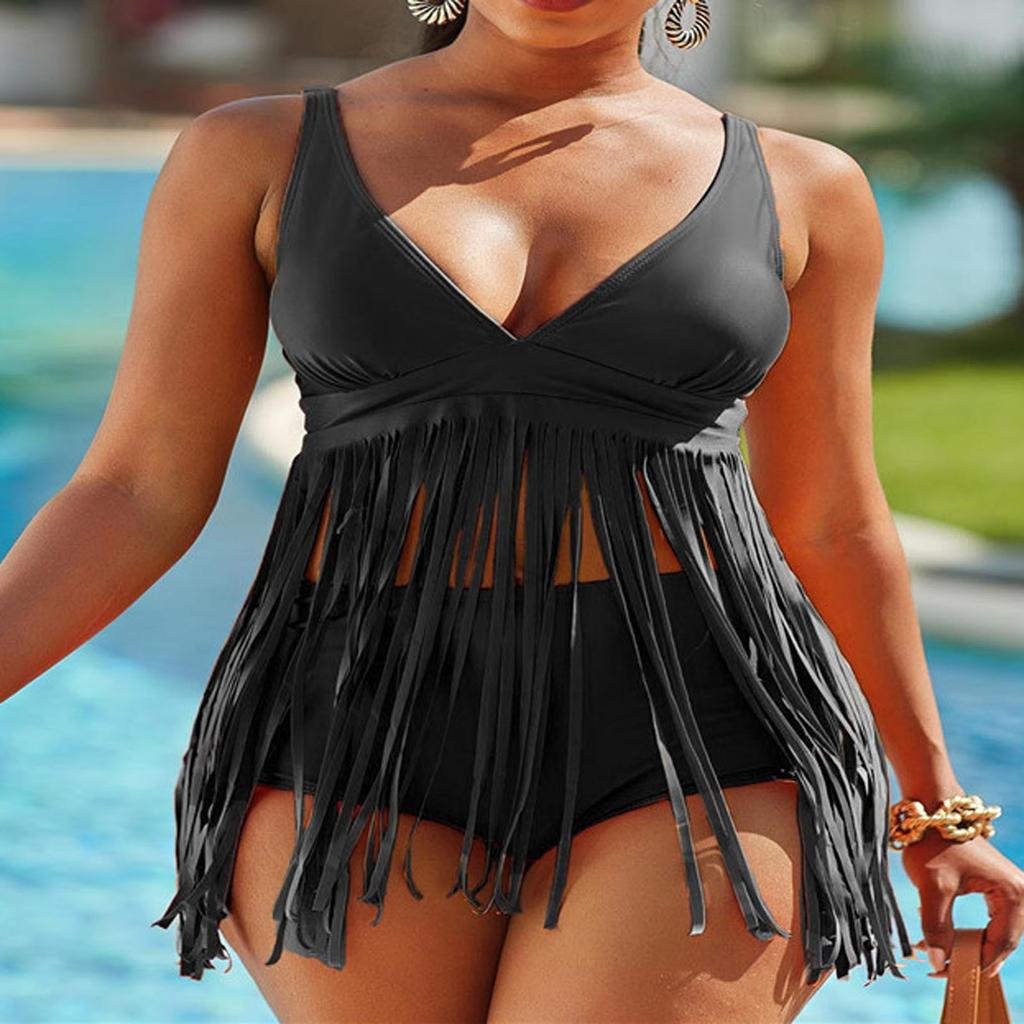 Women's Fashion Sexy Split High Waist Tassel Bikini Beach Swimsuit