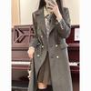 Высококачественное серое длинное пальто для женщин, винтажная двубортная верхняя одежда с длинным рукавом