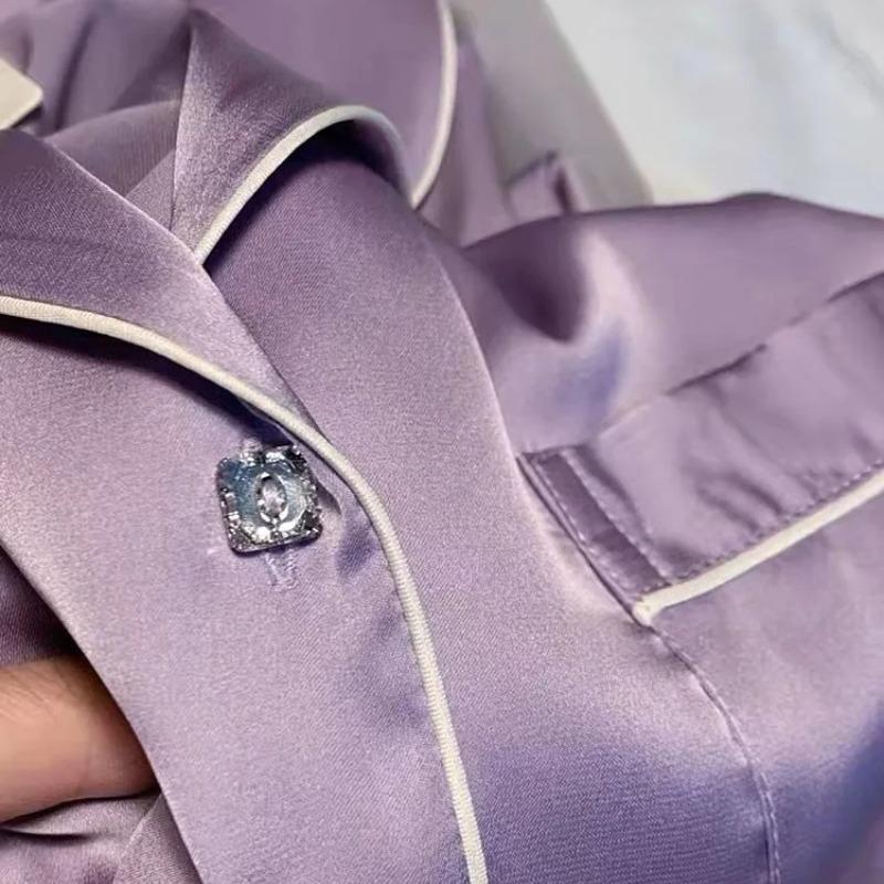 Весна Осень Новинка Ледяной Шелковый Пижамы Женский Кардиган с Застежкой-Ломтиком Женский Комплект Из Двух Частей Элегантная Фиолетовая Женская Пижама