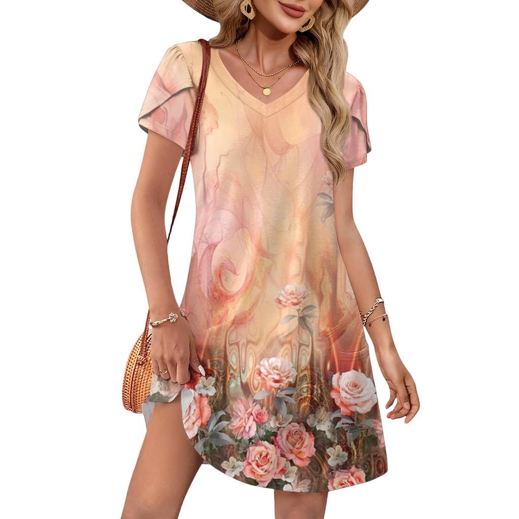 Женское летнее модное свободное платье с V-образным вырезом и коротким рукавом с цветочным принтом Пляжные платья