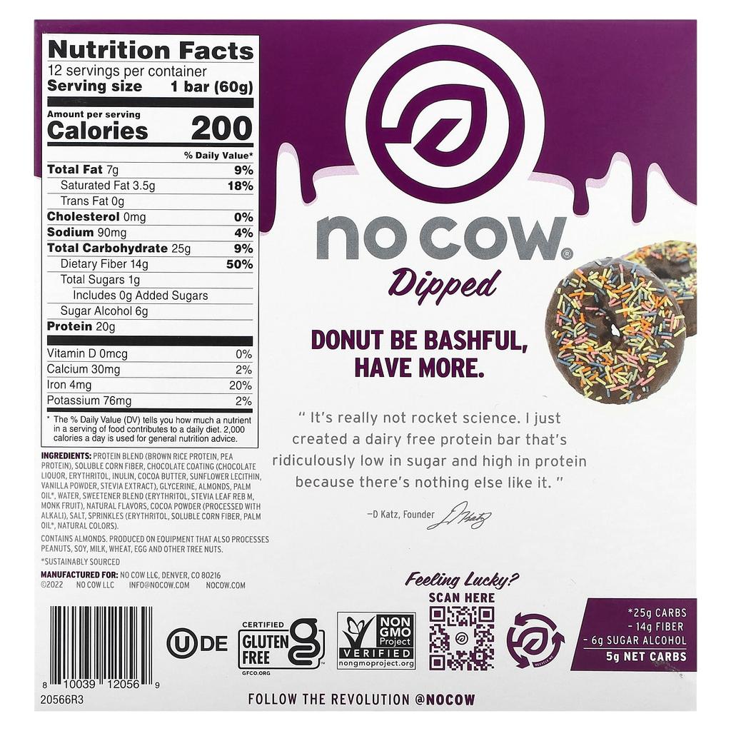 No Cow Protein Bar, Chocolate Sprinkle Donut, 12 Bars, 60 G (2.12 Oz) Each.