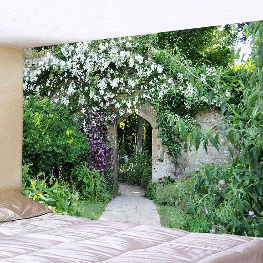 Spring Flowers Wood Fence Tapestry Nature Pink Rose Plant Flower Wall Hanging Garden Window Nature Scenery Tapestry