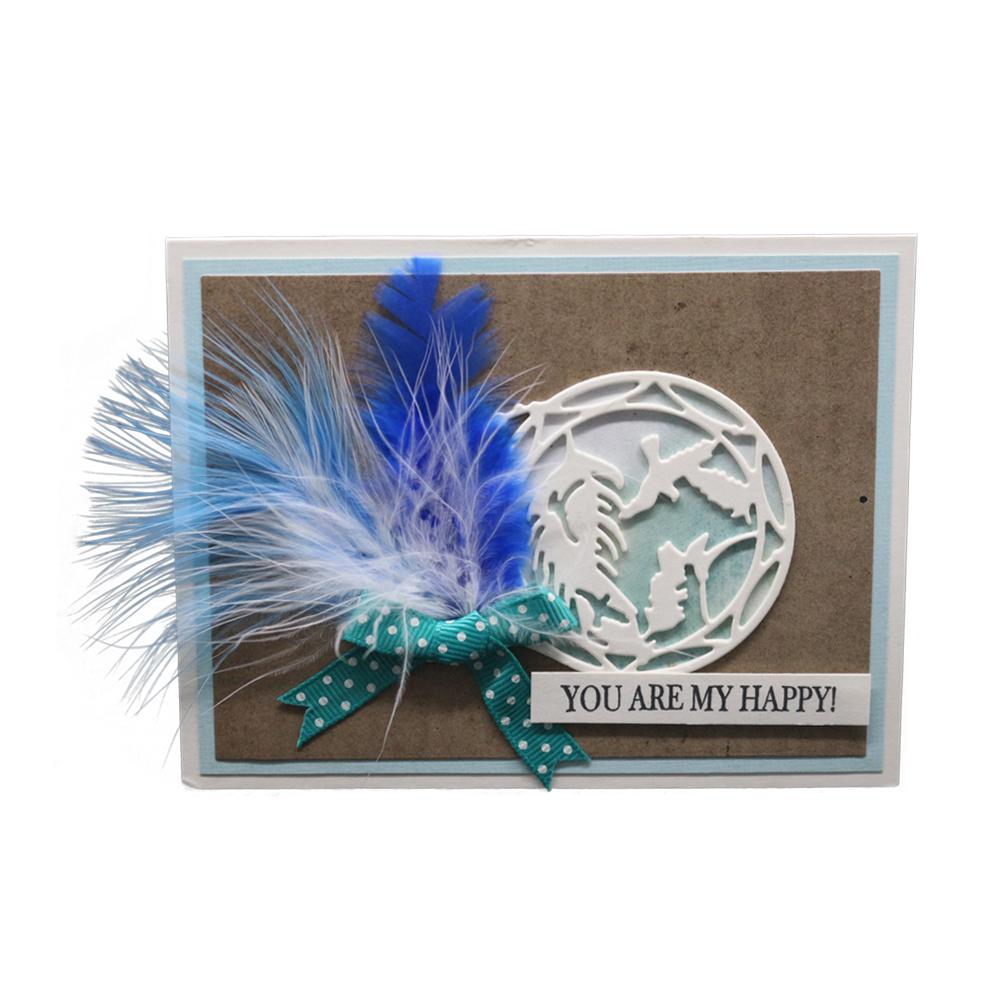 Круглая рамка из перьев птицы, металлический серебристый трафарет, тиснение, резка, штампы для скрапбукинга, изготовление открыток из бумаги