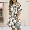 Women Plus Size Off Shoulder Short Sleeve Tie Cuff Cartoon Zombie Printed White A Line Dress