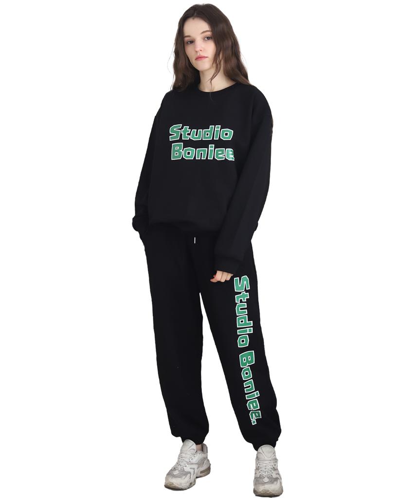 BONIEE [Fleece Lined] Block Typo Graphic Oversized Sweatshirt Black